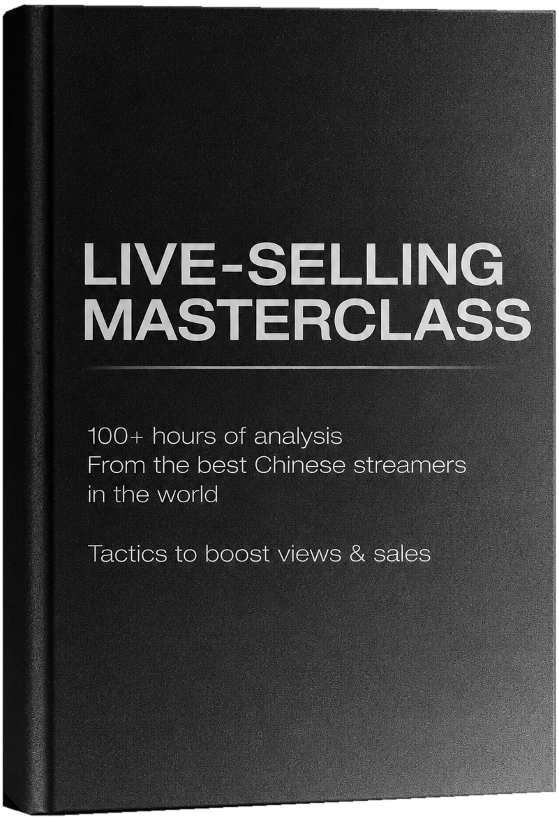 Live-Selling Masterclass book cover with a charcoal film-grain gradient, realistic hardcover spine, and monochrome title
